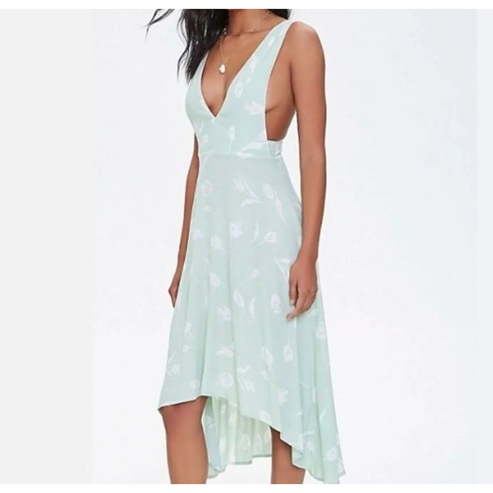 NWT Forever 21 Green Plunging Floral Tulip‎ High Low Summer Dress Small